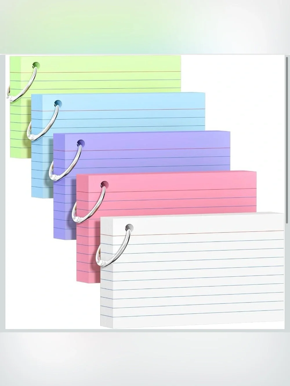 Colored Lined Index Cards with Binder Ring - White, Pink, Purple, Blue
